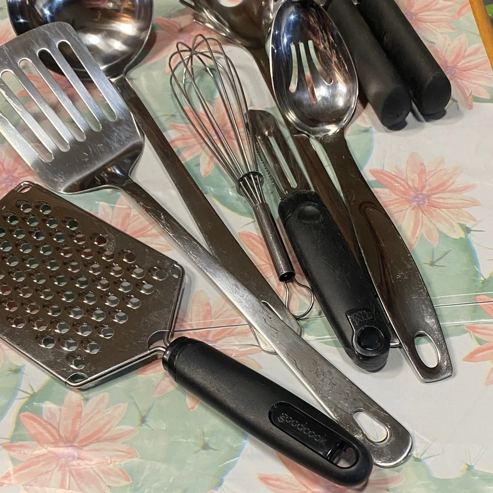 Elegant Silver and Black Kitchen Utensil Set Whisk Spatula Grater Can Opener
